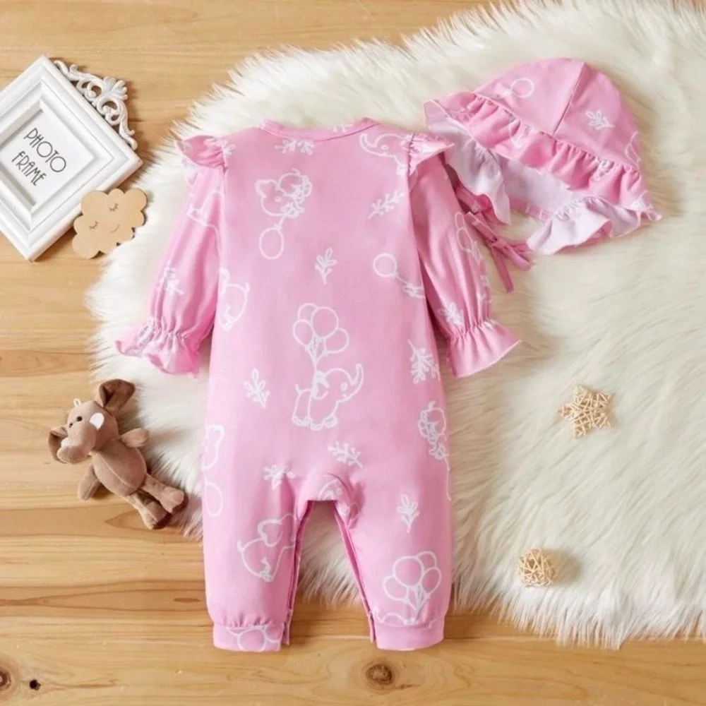 NEW Size 6-9 months, pink girls 2 pc outfit, hat, long sleeved jumpsuit, ruffle